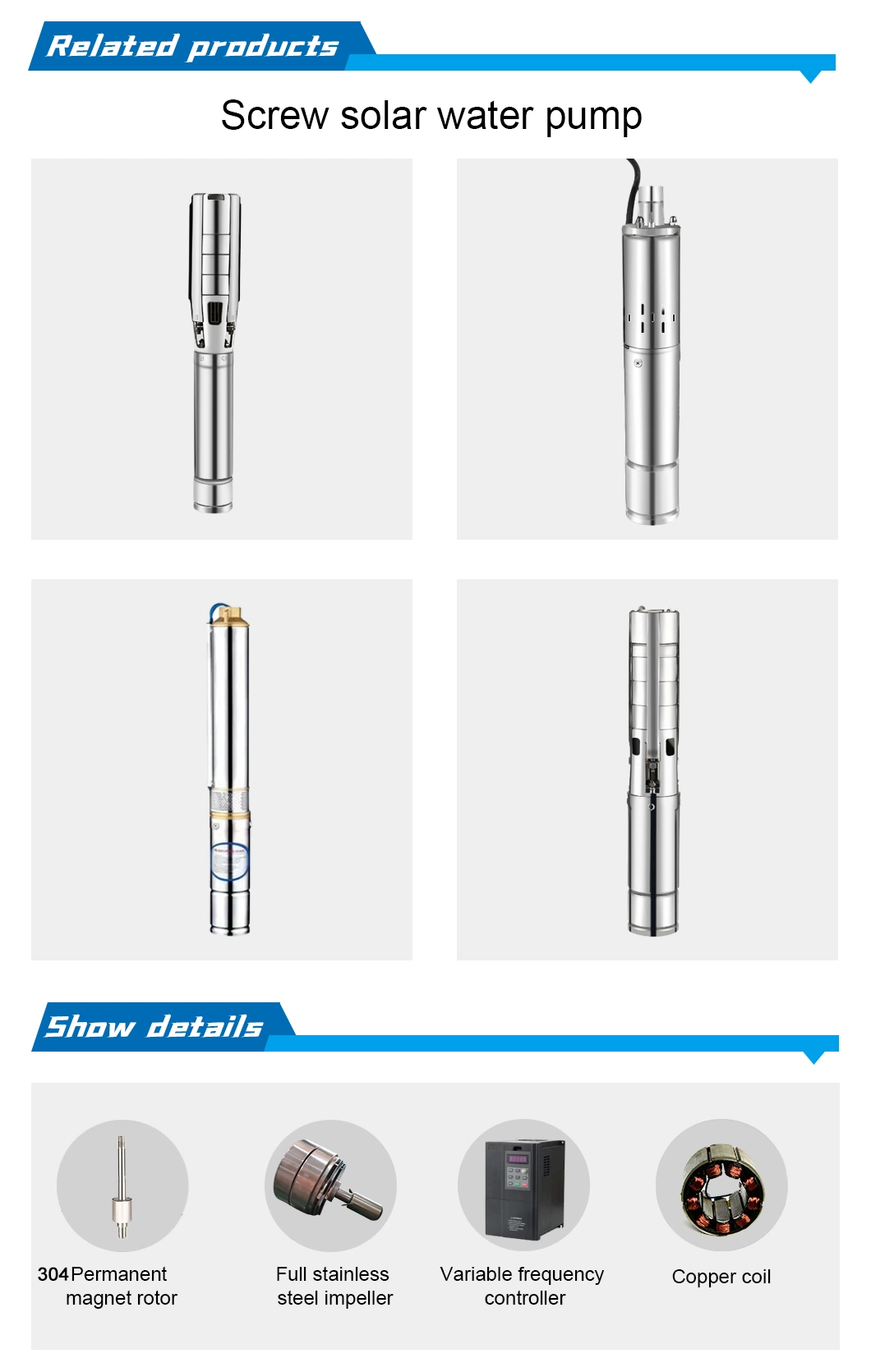 Stainless Steel Solar Water Pump for Irrigation Submersible Deep Well Borehole 300W DC48 with Panels